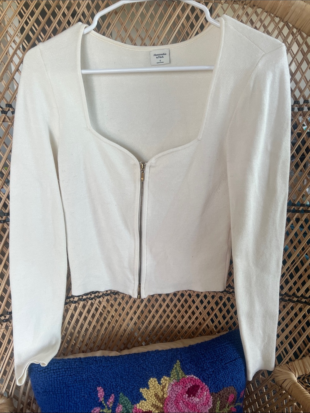 Abercrombie & Fitch Cream Zip-Front Square Neck Sweatshirt